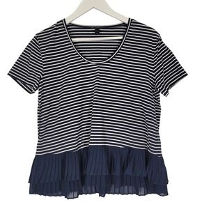 J Crew Striped TShirt Navy White Pleated Ruffle Hem Short Sleeve Womens Size S